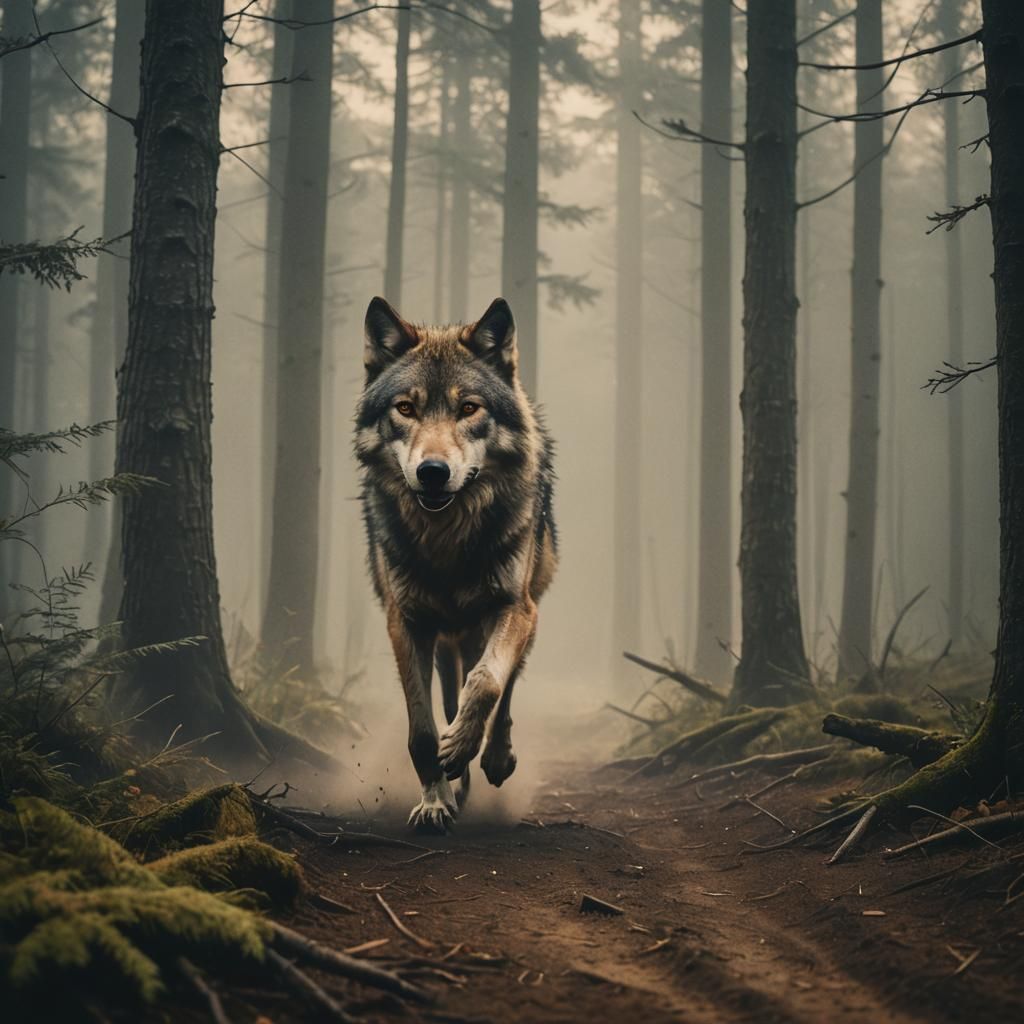 Wolf in Misty Forest: Vintage Cinematic Film