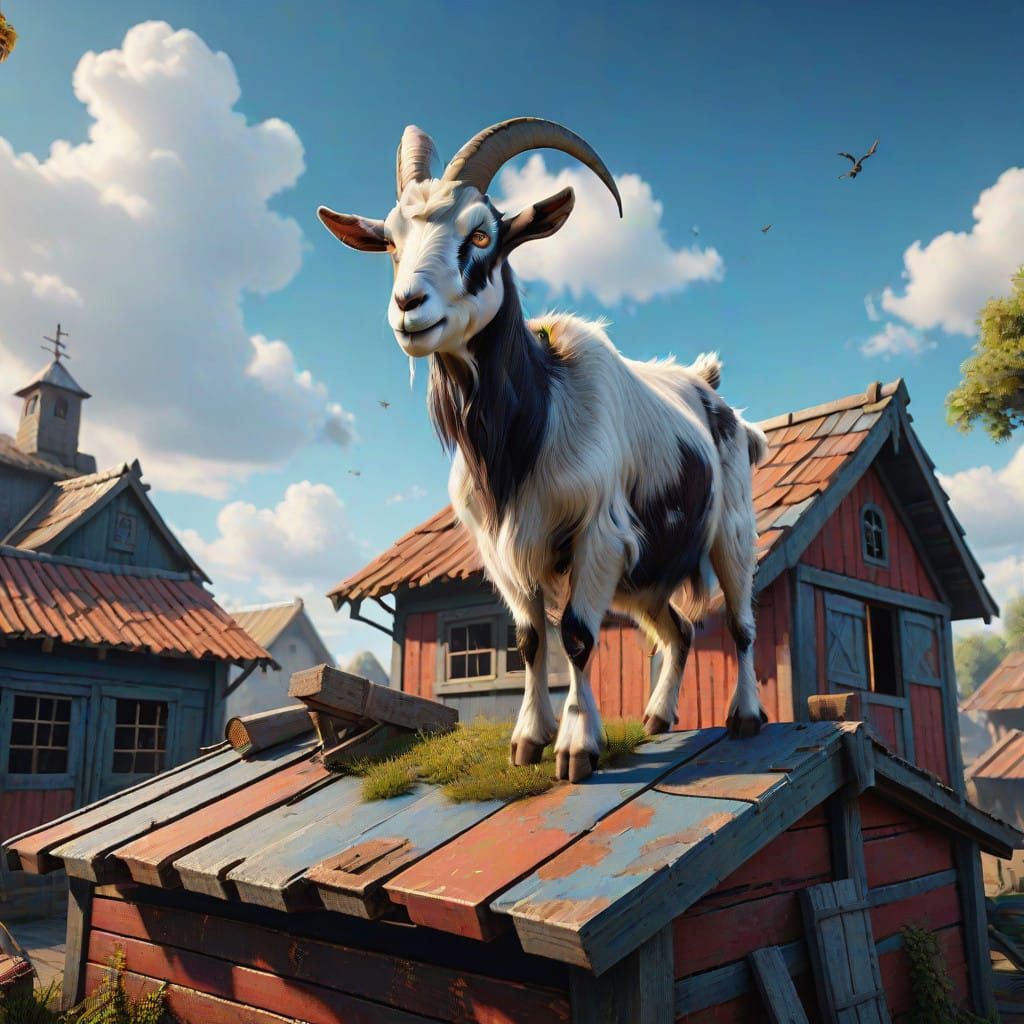 Surreal Goat Lands on a Mystical Shed Roof in Vivid Fantasy ...
