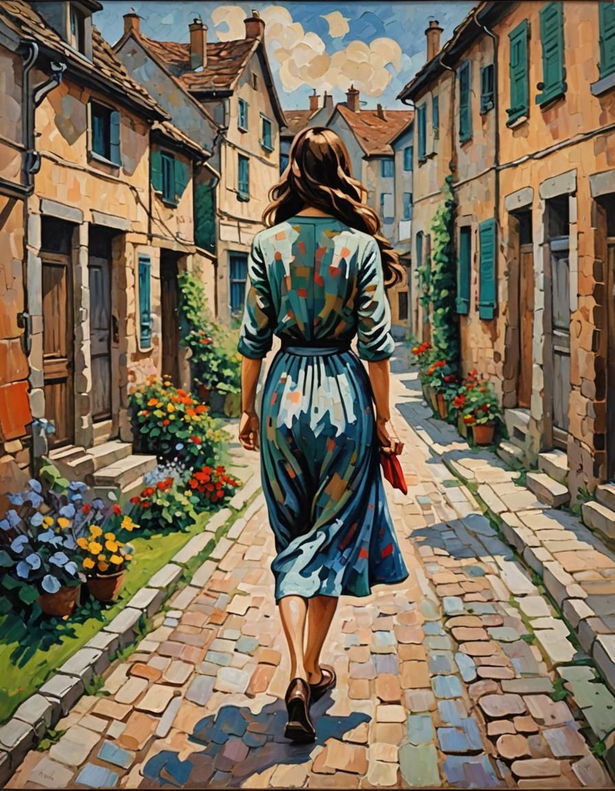 1940s Woman Walking in French Village, Impasto Oil