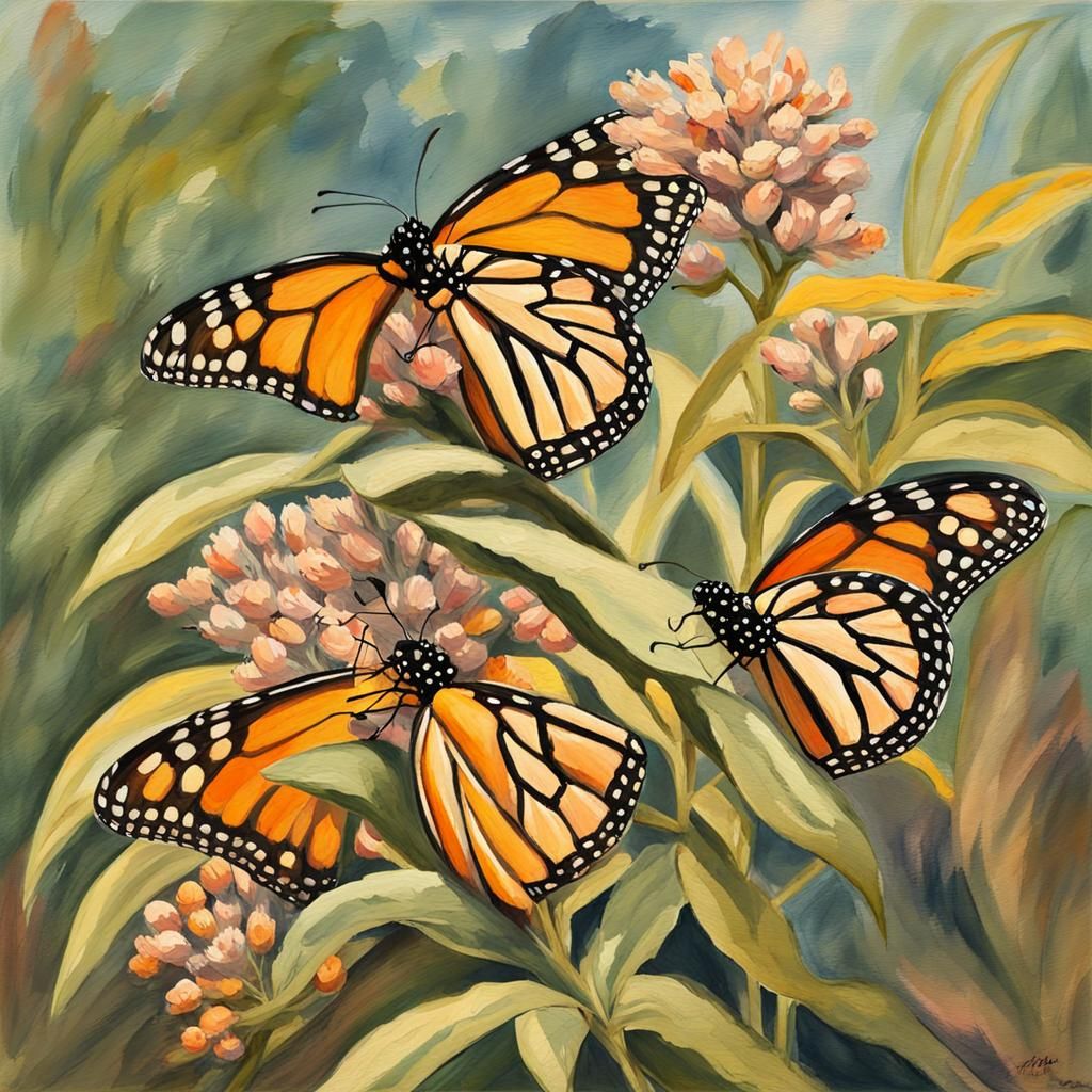 Monarch Butterflies Pollinating Milkweed in Gouache Style
