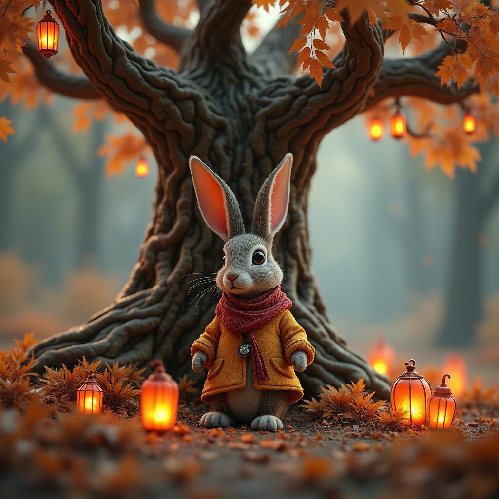 Whimsical Bunny Under Autumn Tree in Fantasy Art Style