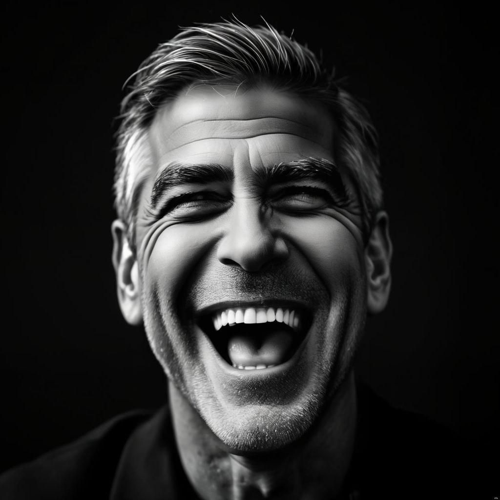 George Clooney Portrait: Joyful Laughter in Black and White