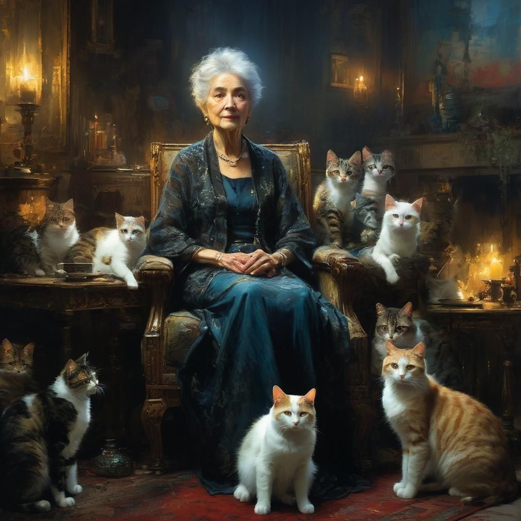 Old Woman Surrounded by Cats: Fine Art Portrait
