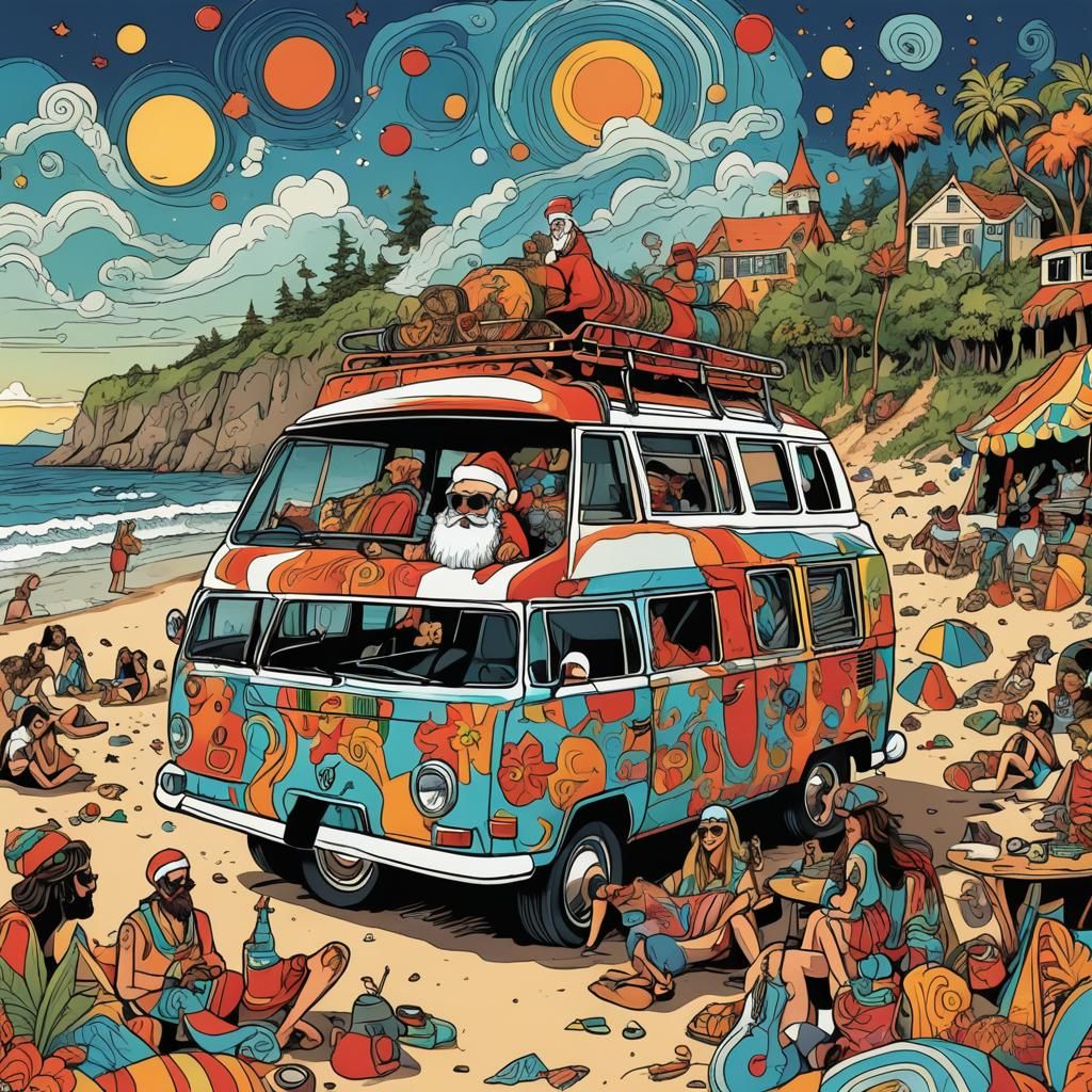 Psychedelic Santa Camping with Hippies, 1960s Style