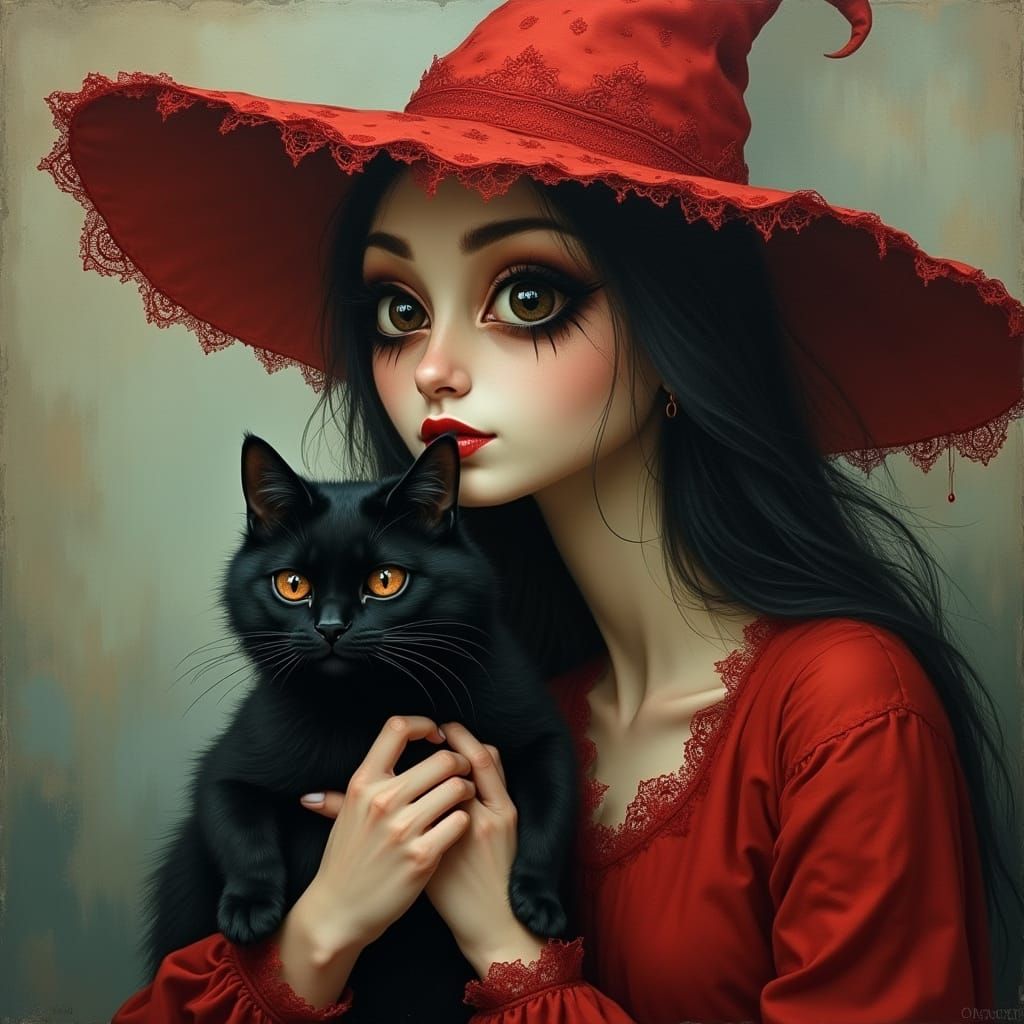 Surreal Witch in Red Lace with Black Cat in Subway Painting