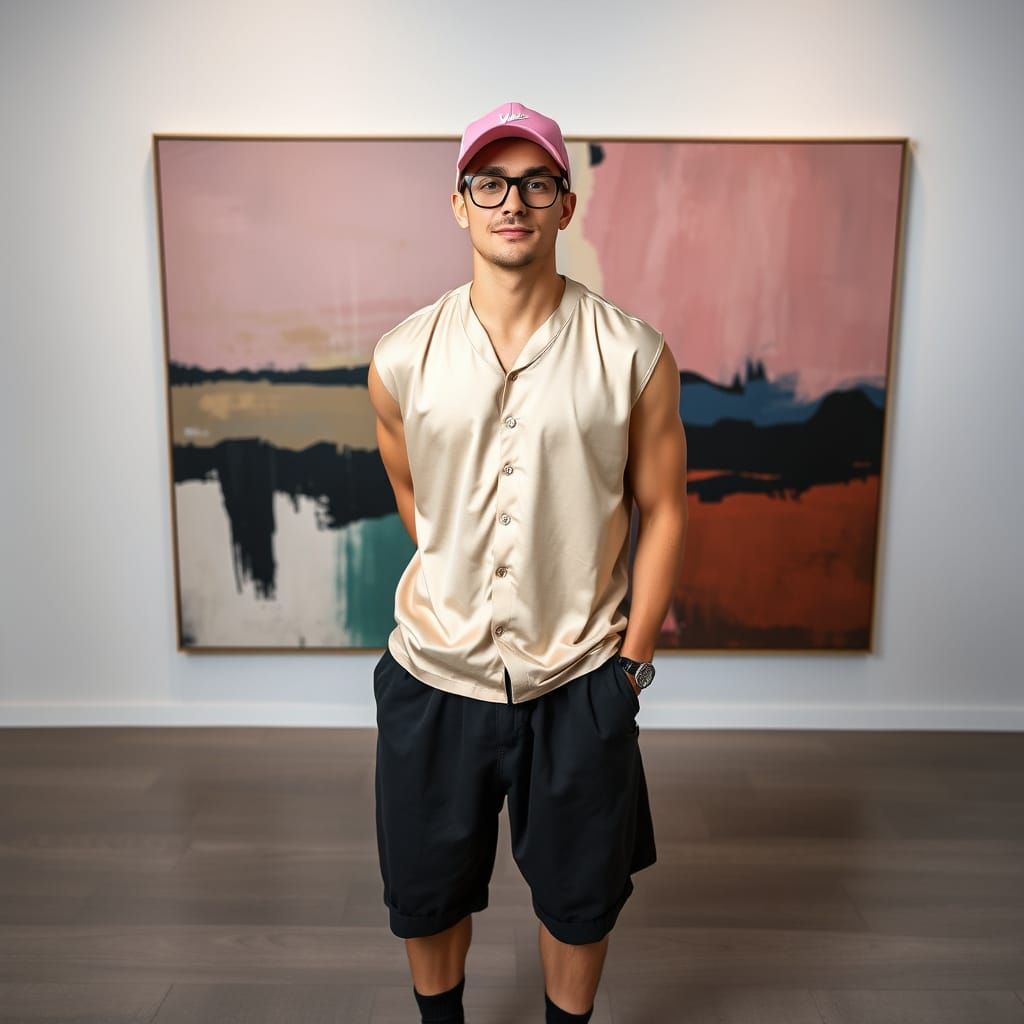 Confident Man in Art Gallery Inspired by Modern Digital Art