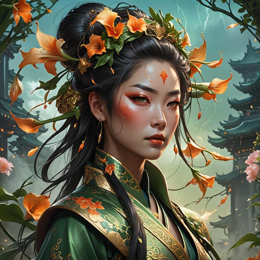 Geisha Warrior Portrait with Lightning and Fireflies