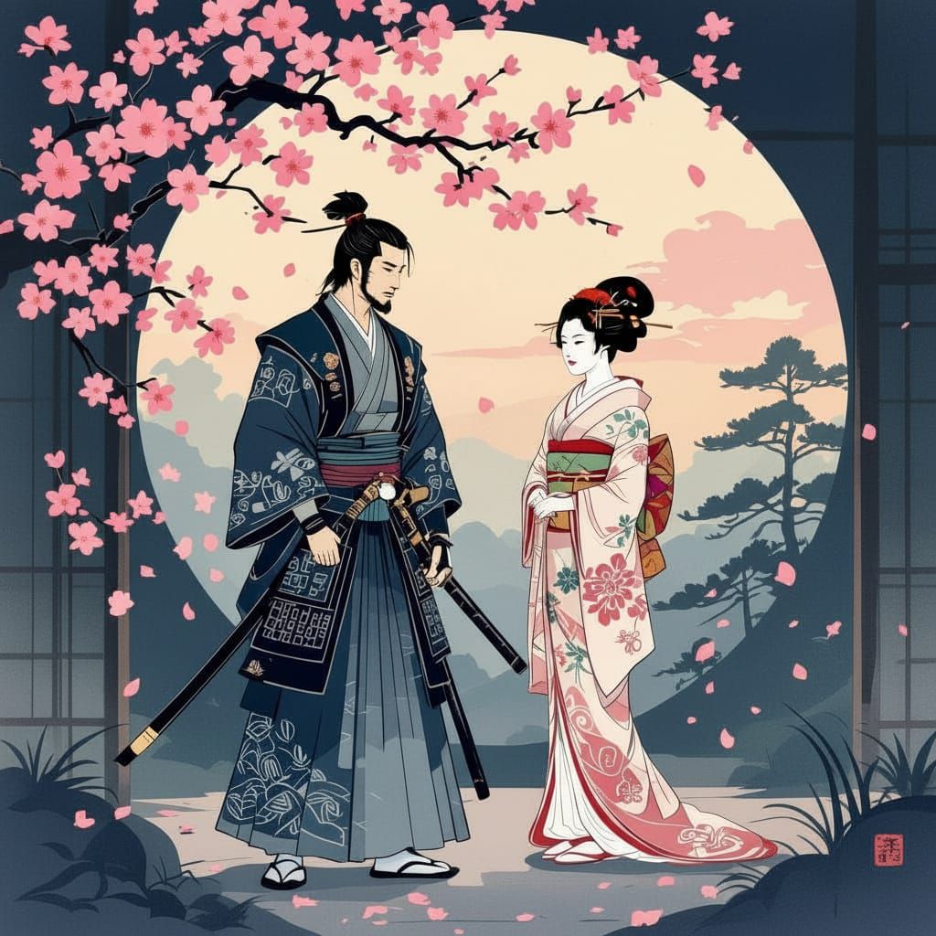 Samurai and Geisha in Traditional Japanese Setting