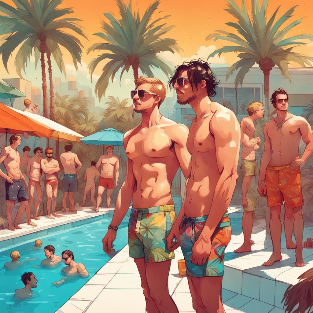 Gay Men's Pool Party: Hyperrealistic Digital Art
