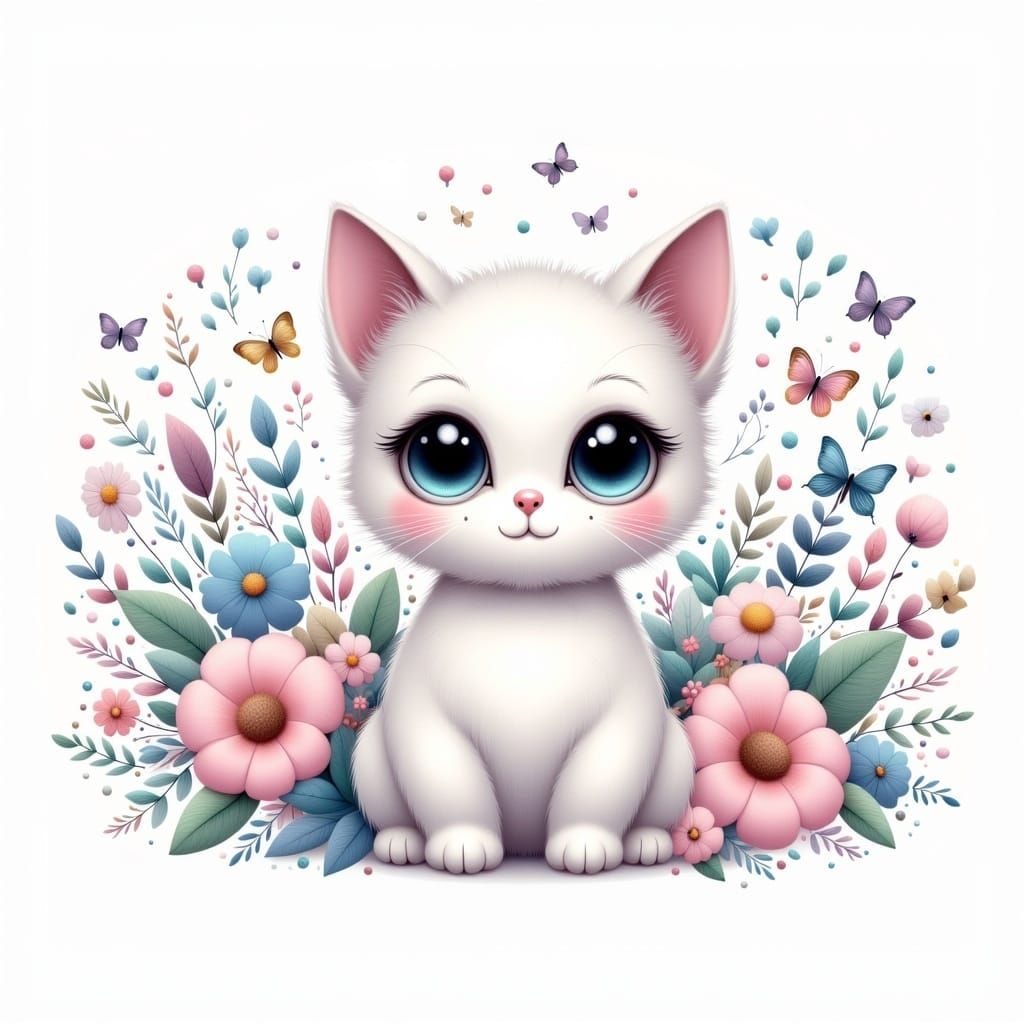 Cute White Kitten in Pastel Watercolor Fantasy World