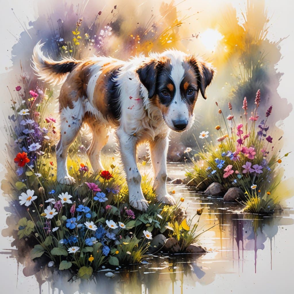 Surreal Floral Wonderland with Playful Puppy in Sunlit Garde...