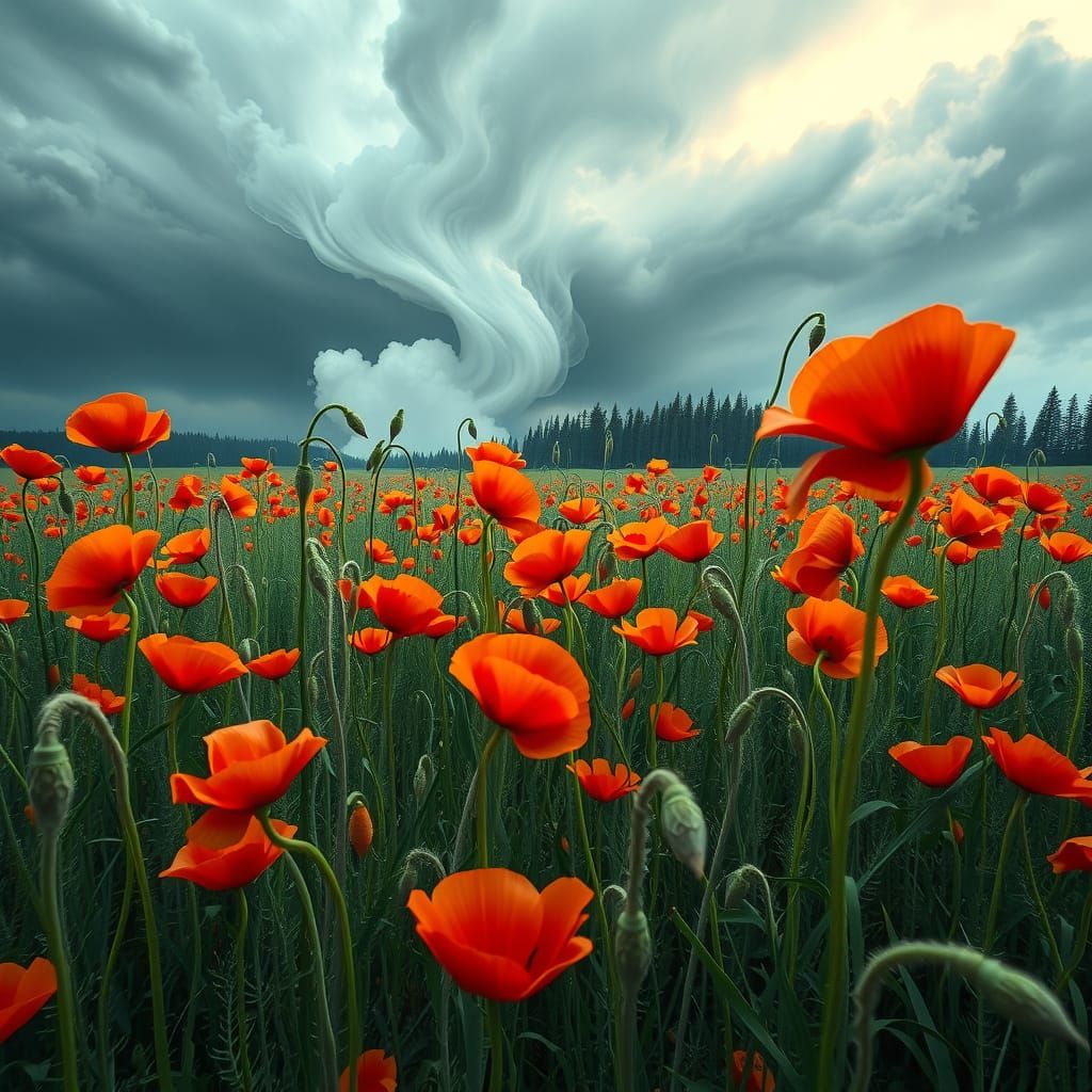 Stormy Vortex Over a Vibrant Poppy Field in Hyperrealistic S...