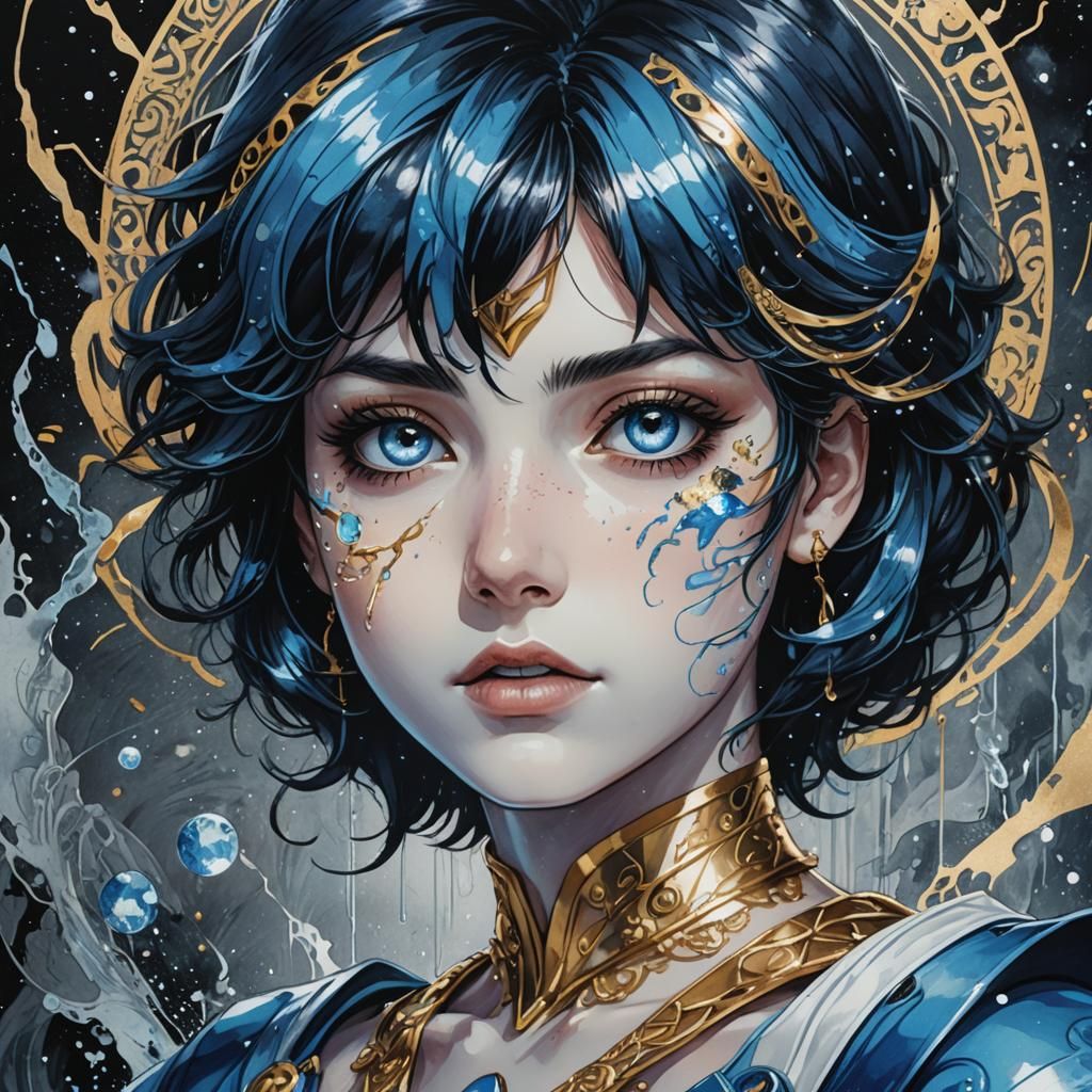 Sailor Mercury in Ink Wash Painting Style