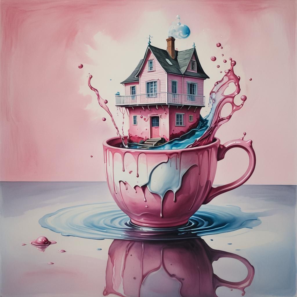 Surreal House in Cup: Watercolor Painting