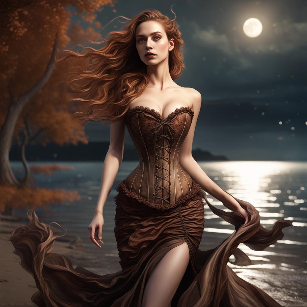 dreamy beautiful woman in an outfitted in a brown corset dress