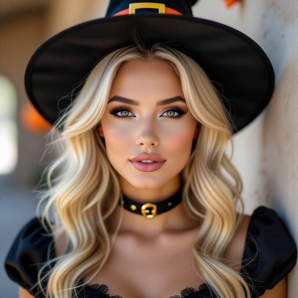 Pretty Blonde Woman in Witch Halloween Costume