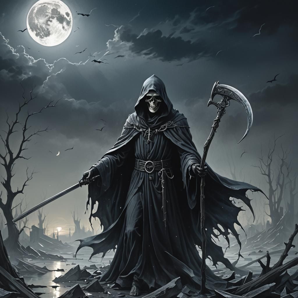 Grim Reaper with Scythe Before a Shattered Mirror