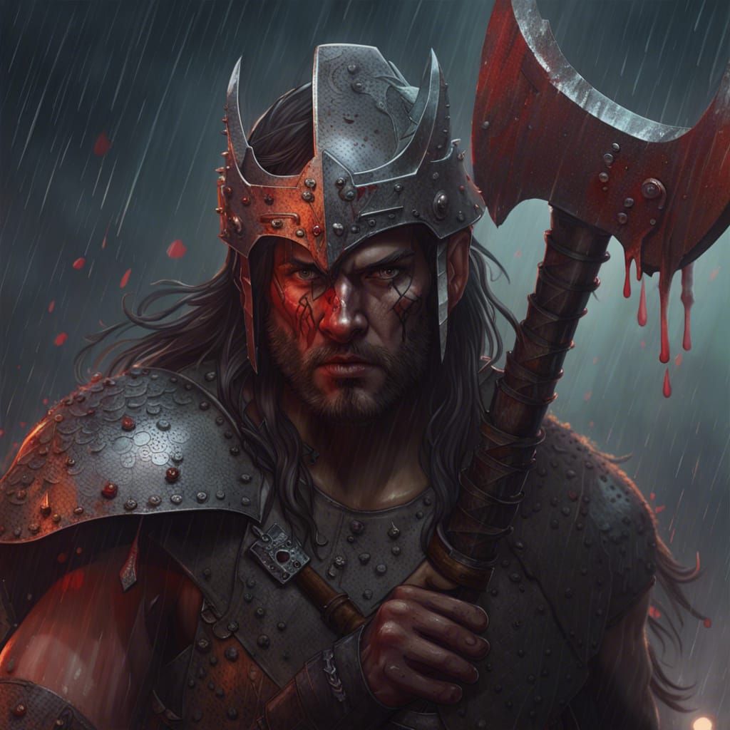 Dark Fantasy Barbarian Warrior in Bloody Battlefield