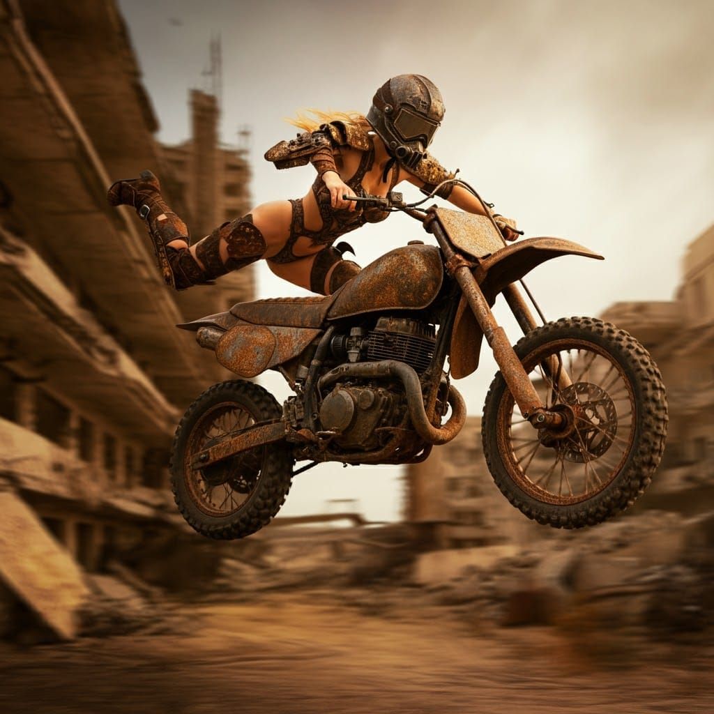 Female Warrior's Acrobatic Jump in Apocalyptic City