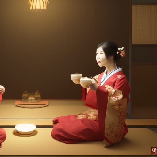 Japanese Women in Traditional Tea Ceremony Portrait