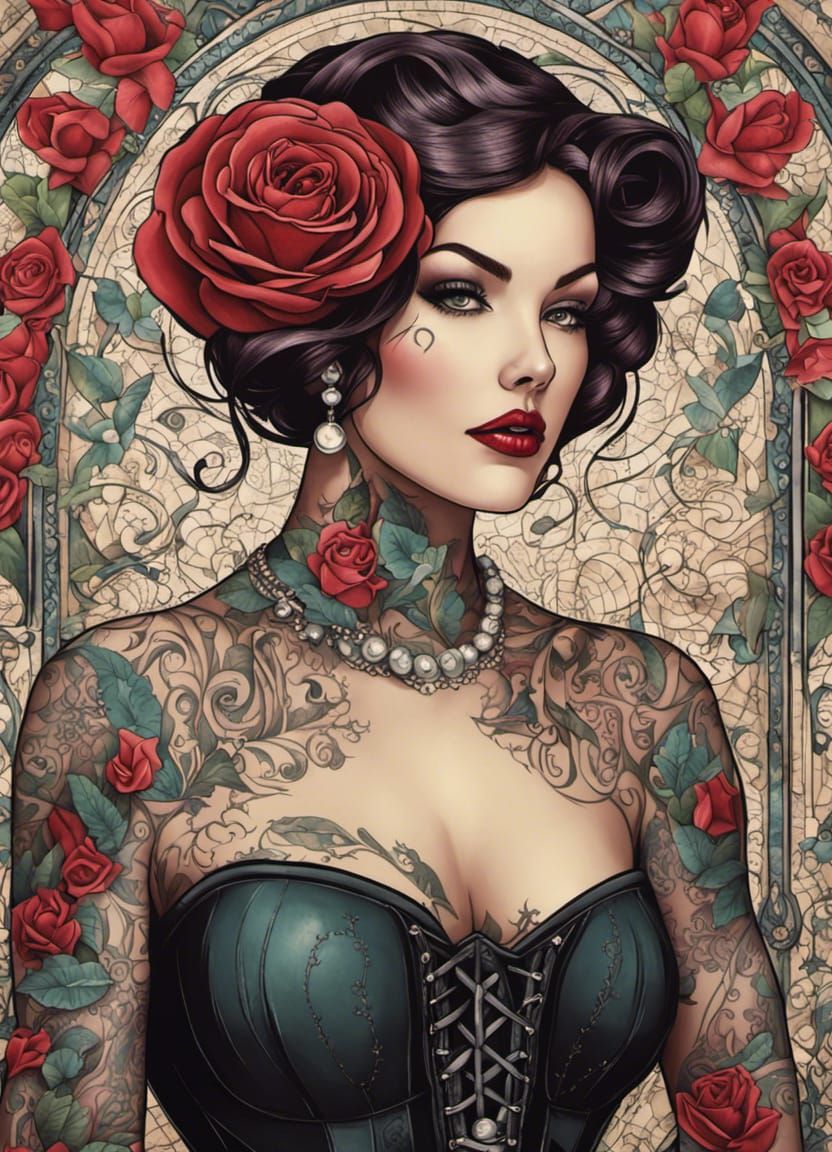 Tattooed Woman in Gothic Mosaic Comicbook Style