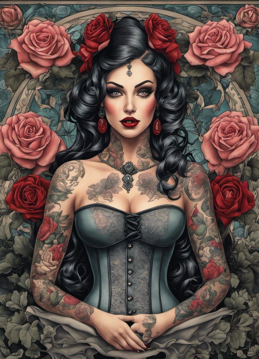 Gothic Tattooed Woman Portrait with Roses