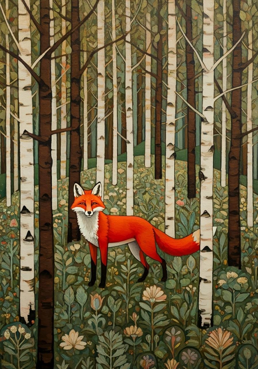 Fox Amidst Hungarian Birch Forest