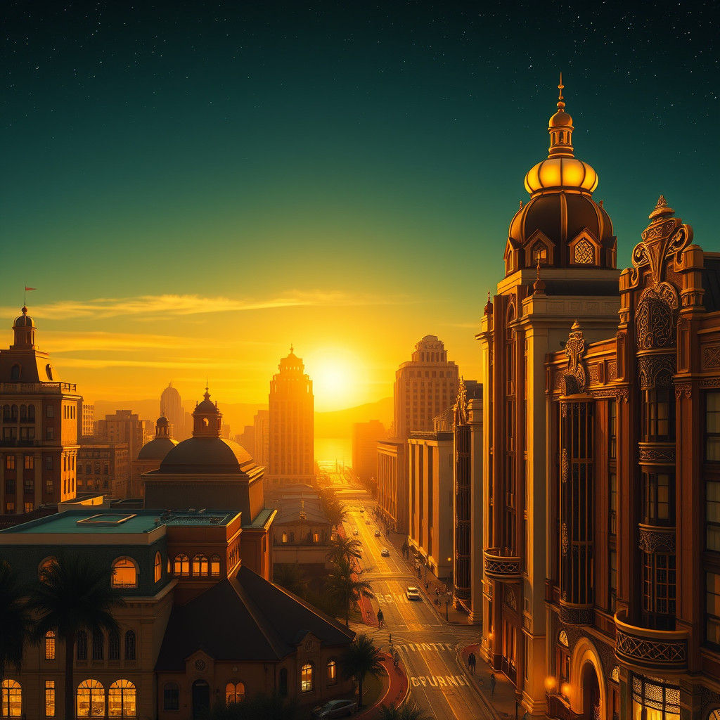 Majestic Art Deco Cityscape at Sunset