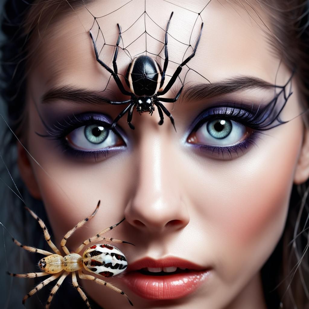 Spider Hanging From Eye of Beautiful Woman