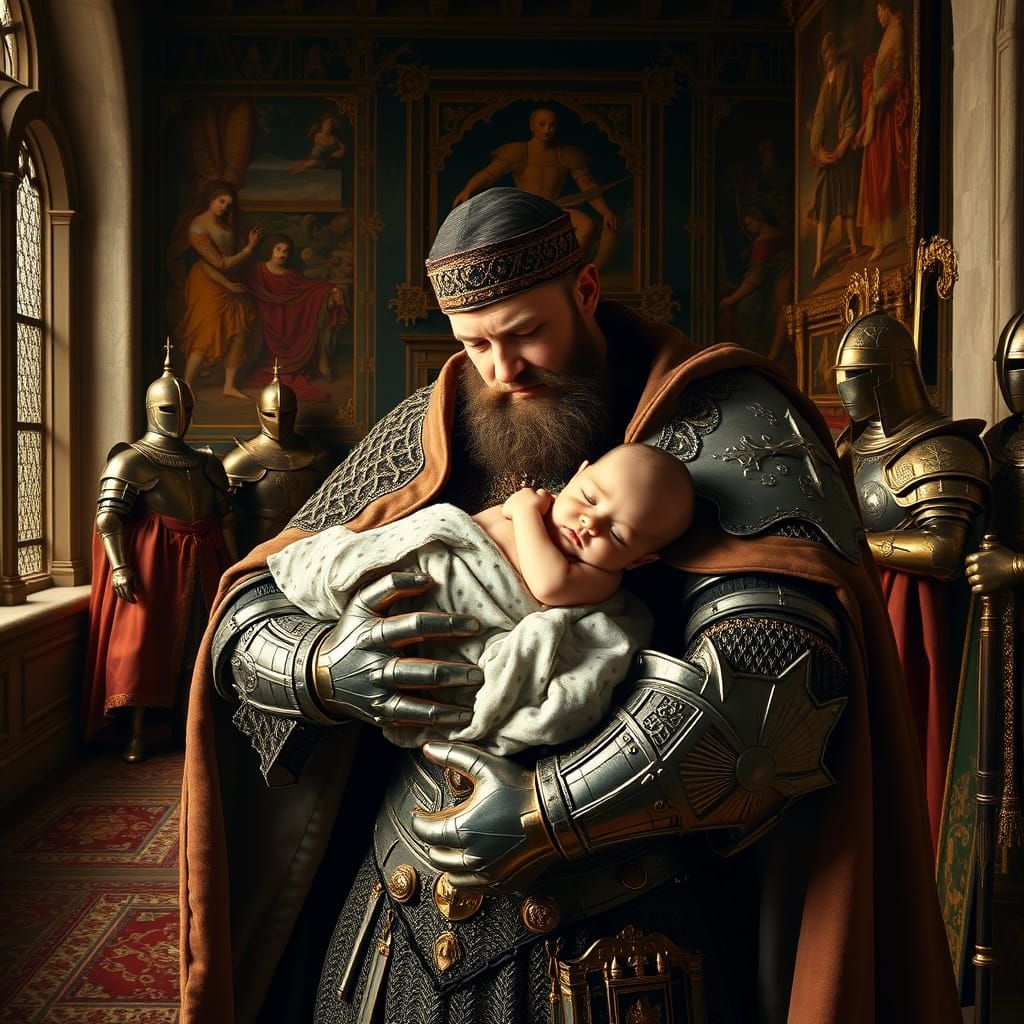 Medieval Knight and Heir in Golden Light