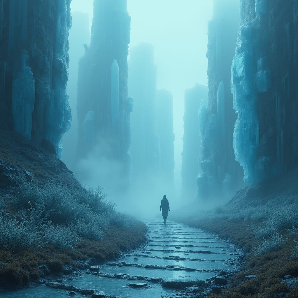 Surreal Cityscape in Frosty Hues, Crystalline Structures