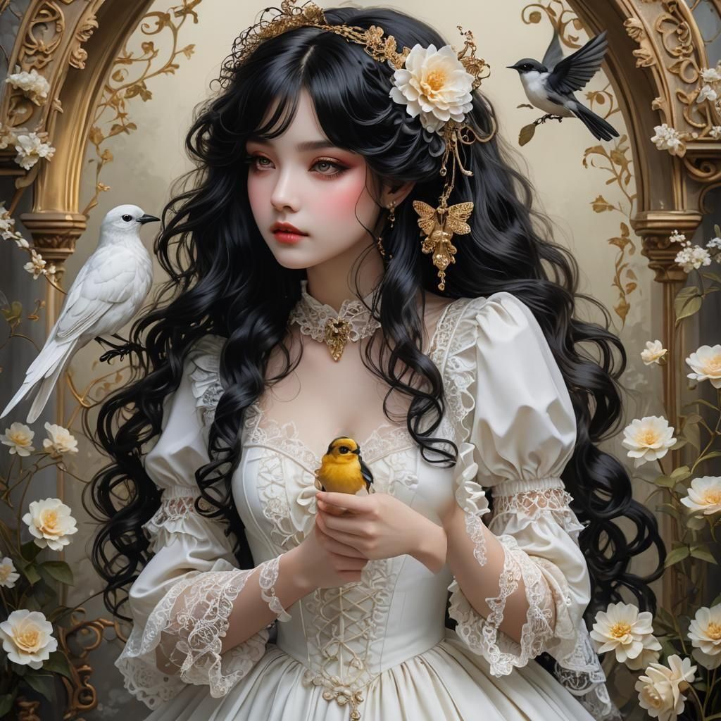 Anime Woman with Bird, Cel-Shaded Style