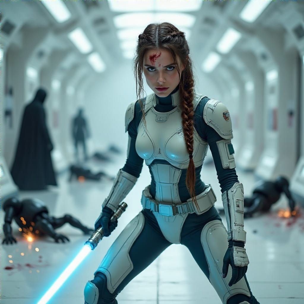 Cyberpunk Warrior Emerges from Futuristic Corridor