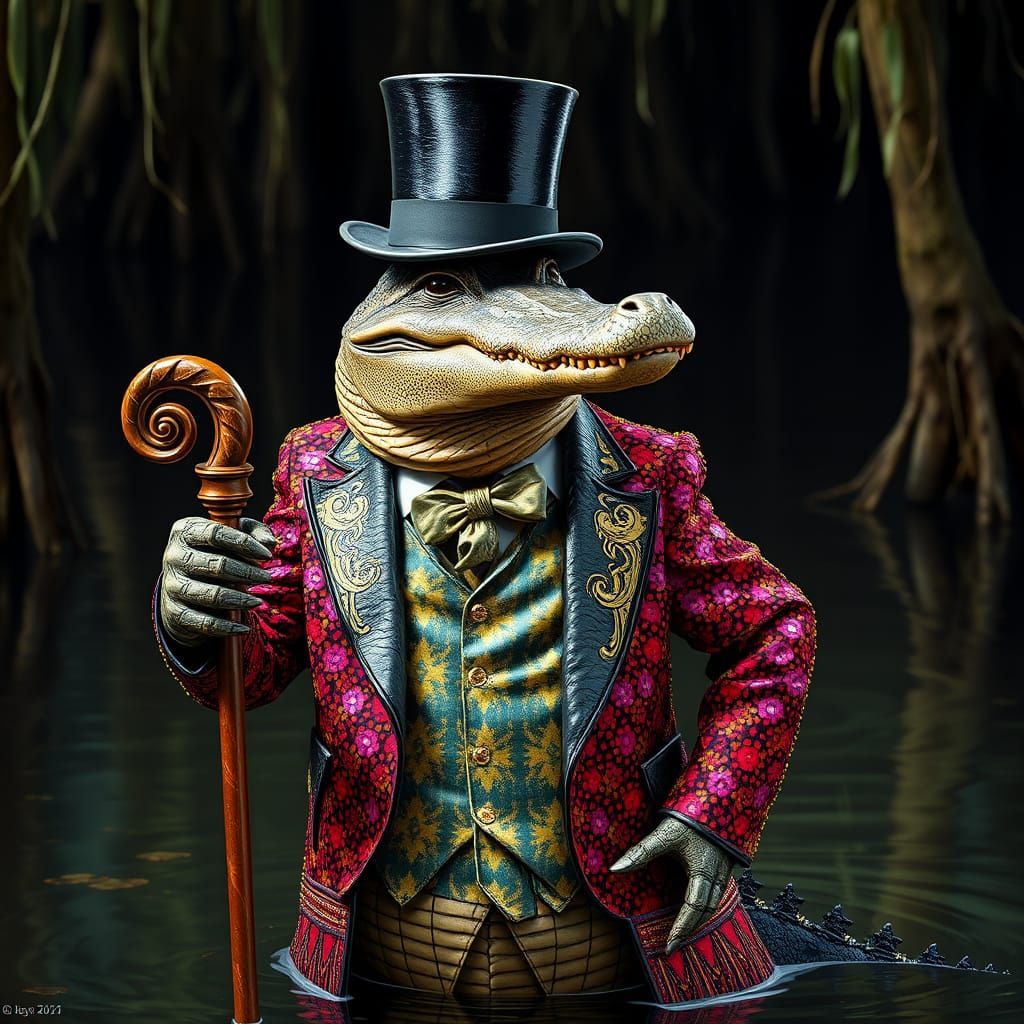 Dapper Bayou Gator in a Sequin Smoking Jacket