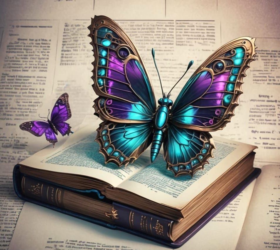 Steampunk Butterfly with Turquoise Wings on Book