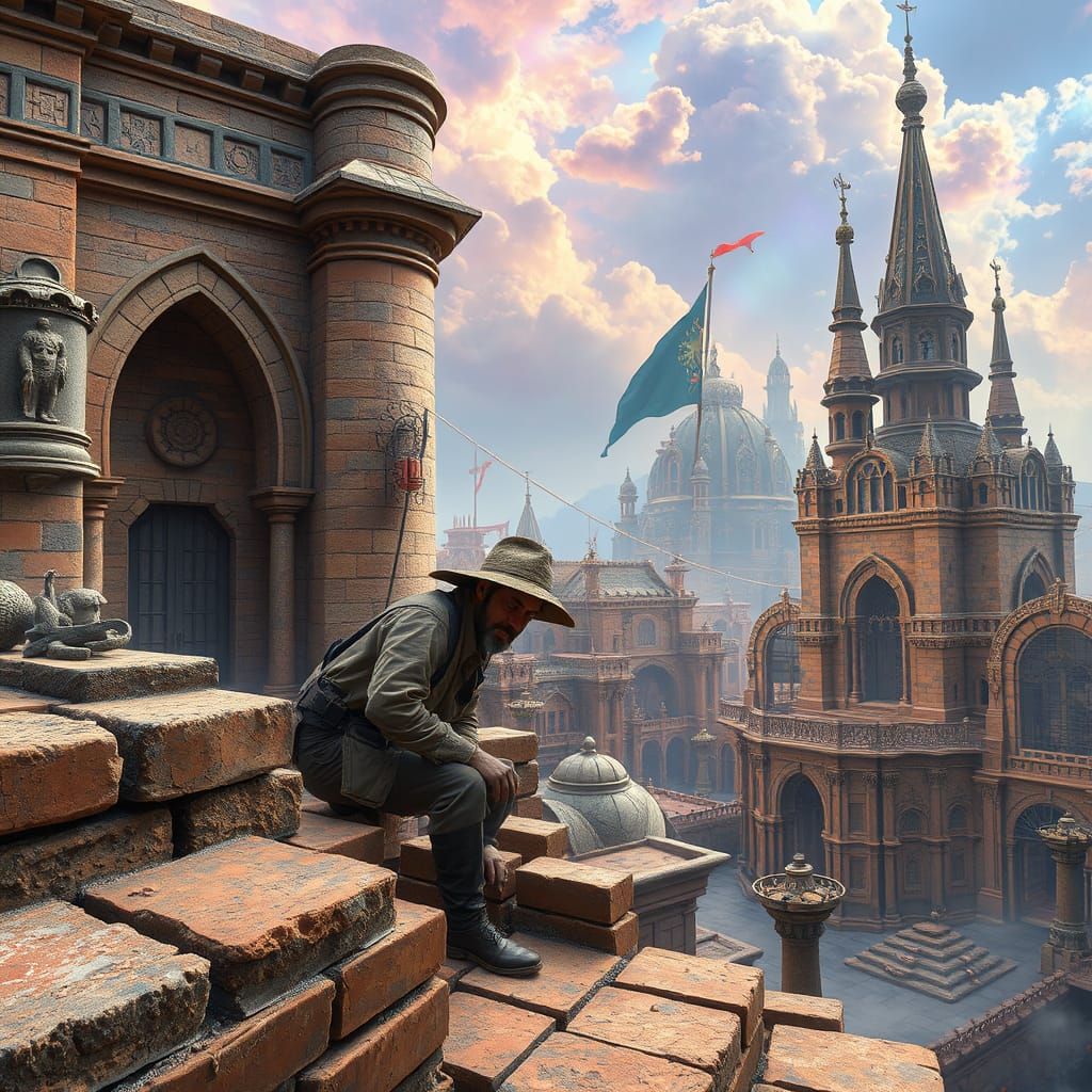 Mystical Cityscape Bricklayer in Earth-Toned Regalia