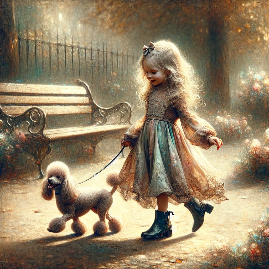LIttle girl walking her poodle