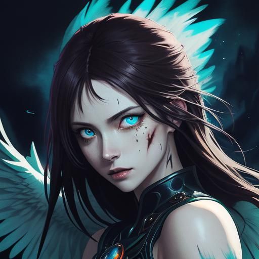 Mysterious Winged Woman Portrait in Dark Fantasy Anime Style