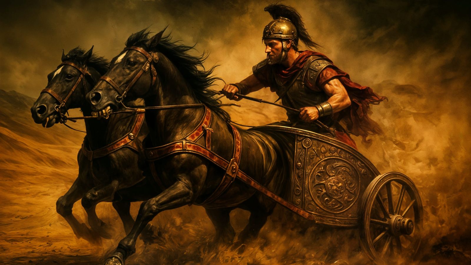 Epic Desert Chariot Race in Oil Painting Style