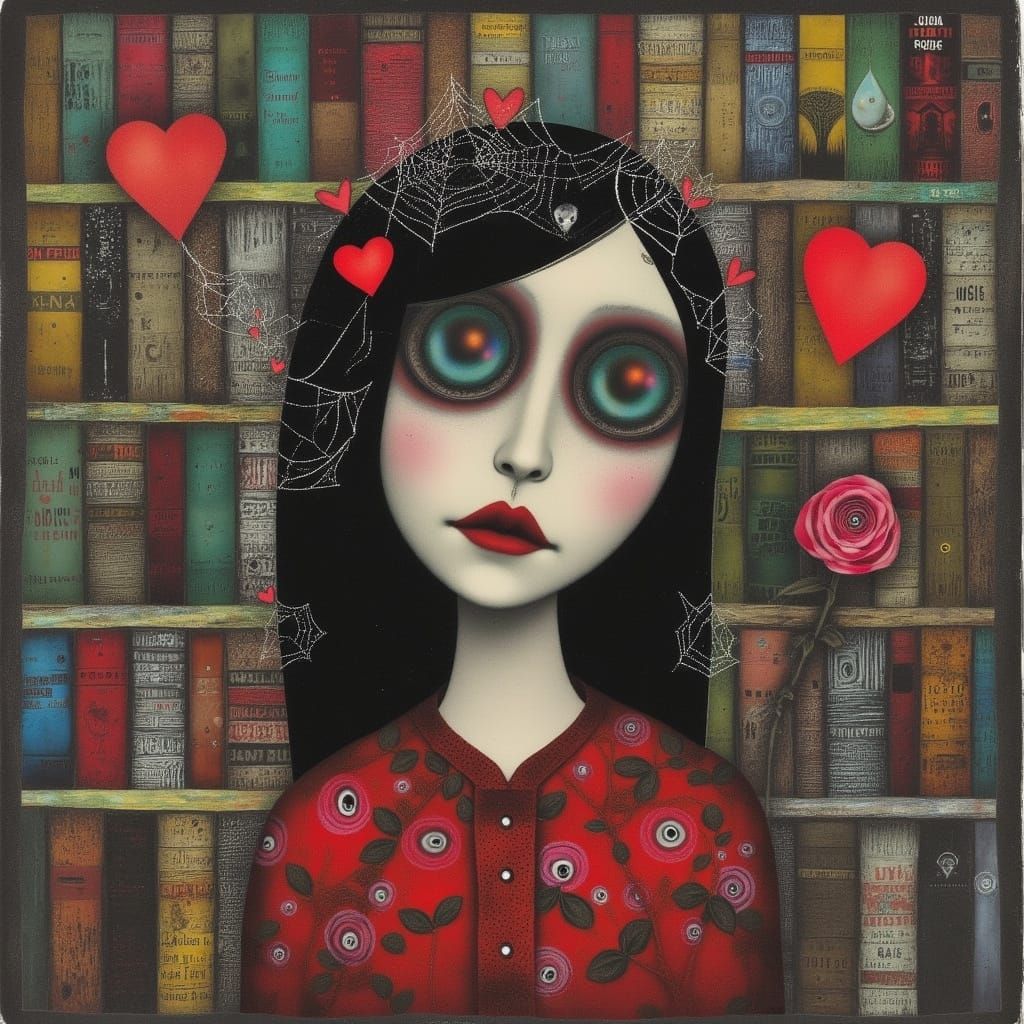 Abstract Woman's Unease Amidst Gothic Horror Books