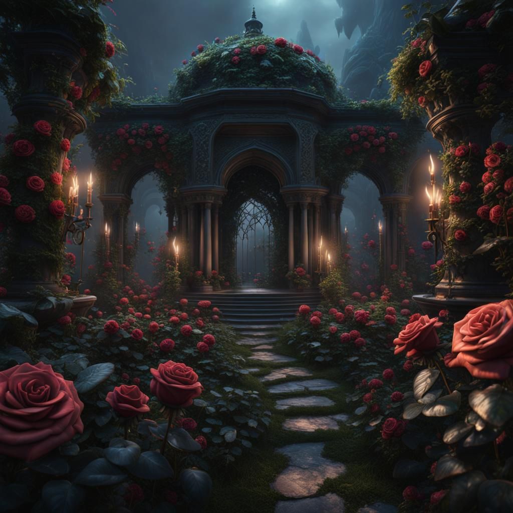 Aesthetic Black Rose Garden in Detailed Matte Painting