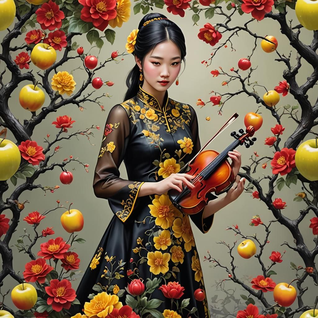 Glass Apple Macro Photo with Girl Playing Violin