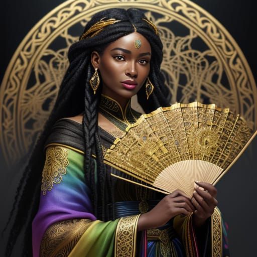 Elegant Black Woman with Rainbow Fan, Art Nouveau Style