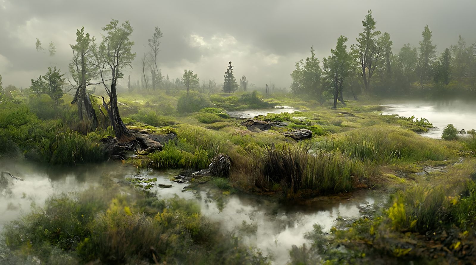 An ominous mist covering a mysterious swamp