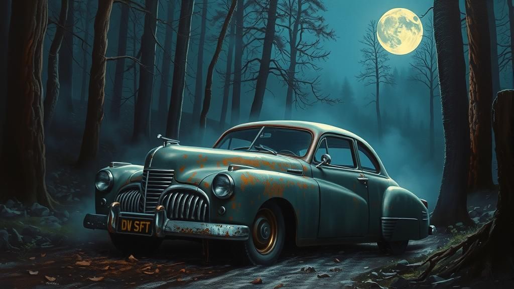 Vintage Car in Moonlit Forest: Dystopian Oil Painting