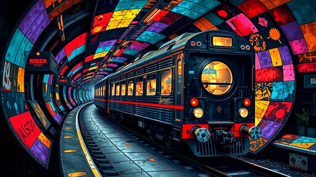 Grunge Layered Fusion Cyberpunk Speeding Train Cave, Vibrant  mosaic detailed