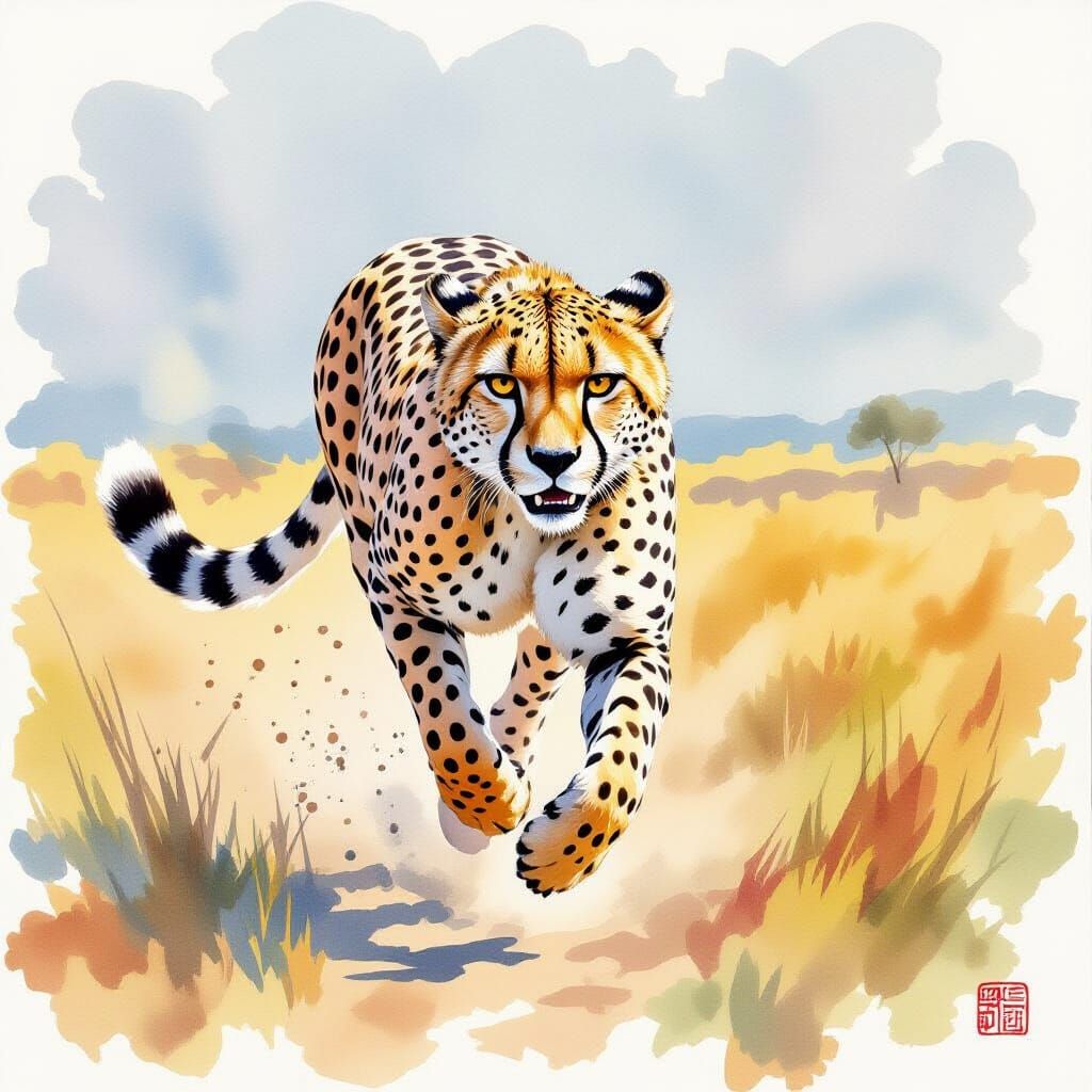 Cheetah in Motion: Watercolor Painting of Graceful Speed