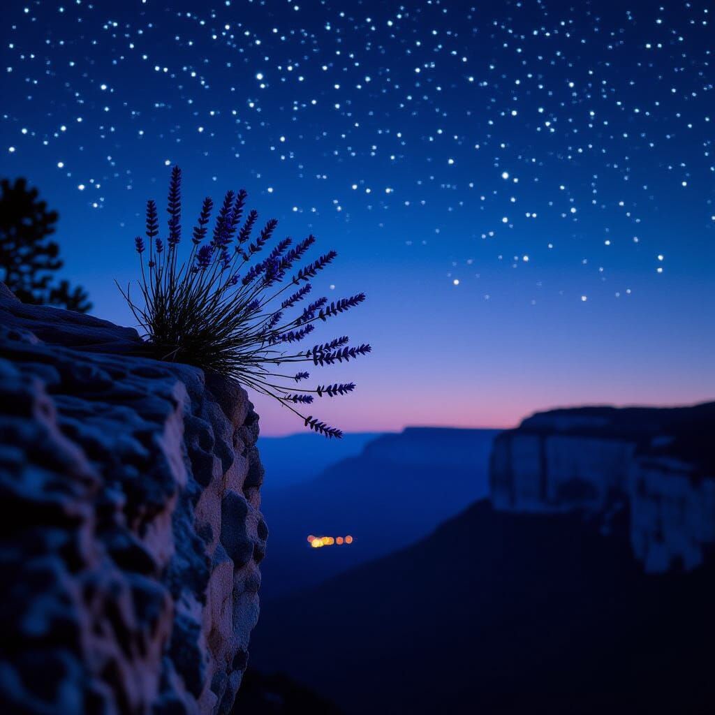 Lavender Branch at Cliff Edge Under Starlit Sky