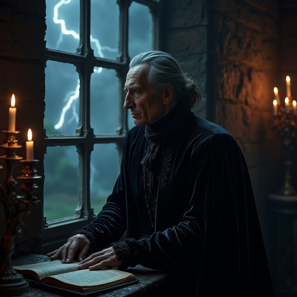 Ethereal Vampire Lord Contemplates Stormy Night