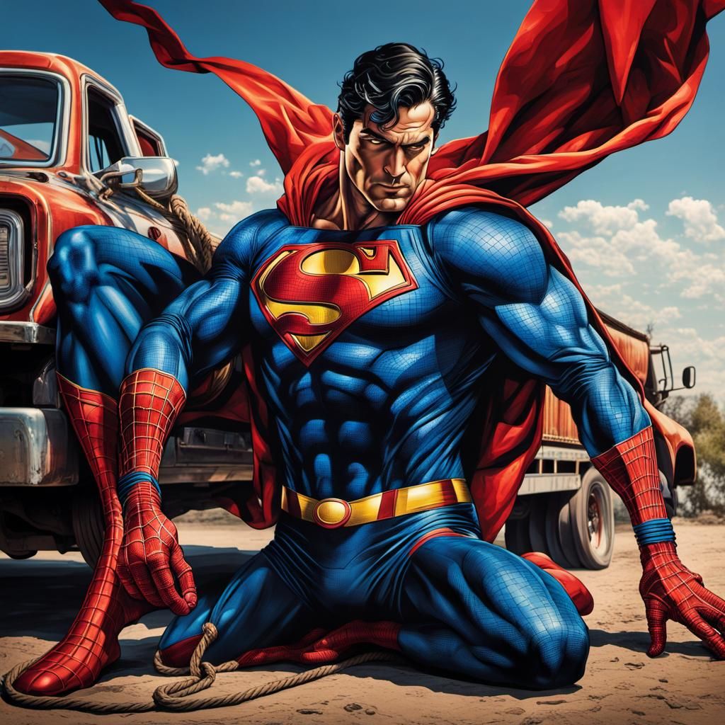 Superman tied up with rope lying flat on stomach on the back of a truck with spiderman rescuing him. Detailed